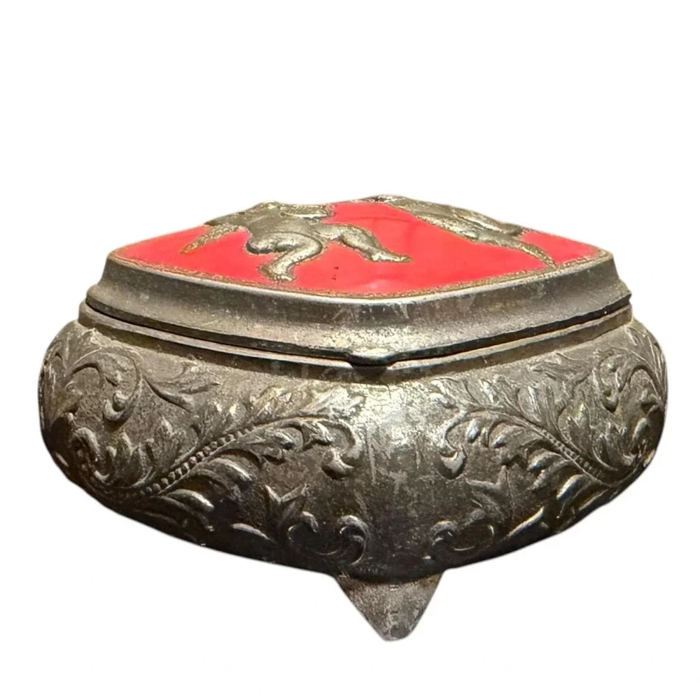 VTG Silver Tone Red Velvet Lined Metal Footed Cherub Jewelry Trinket Box Japan